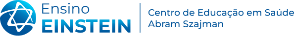 Logo do Ensino Einstein Hospital Israelita: Uma estrela de Davi estilizada em azul e branco, com o nome Ensino Einstein ao lado, seguida de uma barra vertical com o nome Centro de Educação em Saúde Abram Szajman